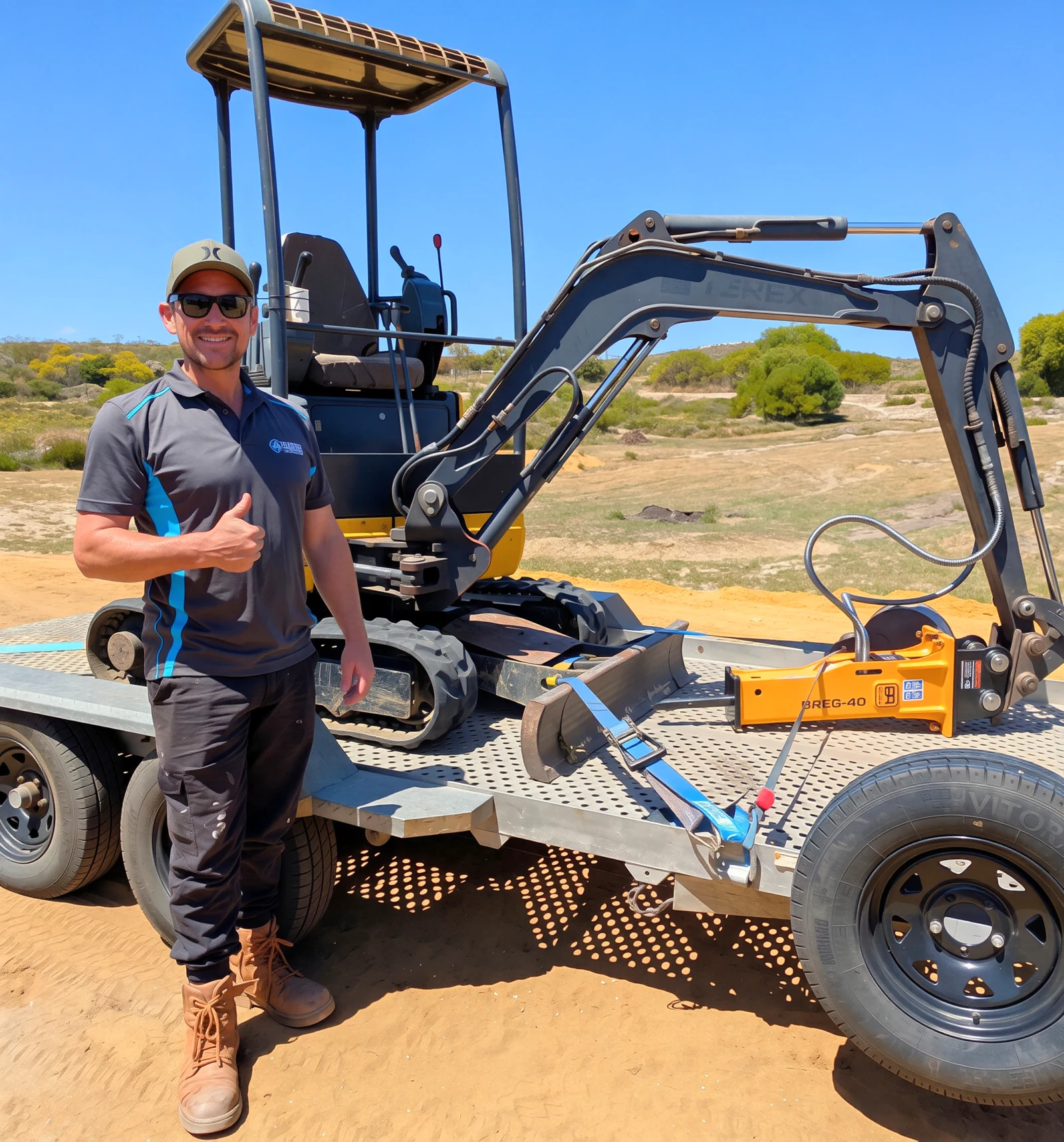 Kim beside a mini excavator and attachments secured on a trailer